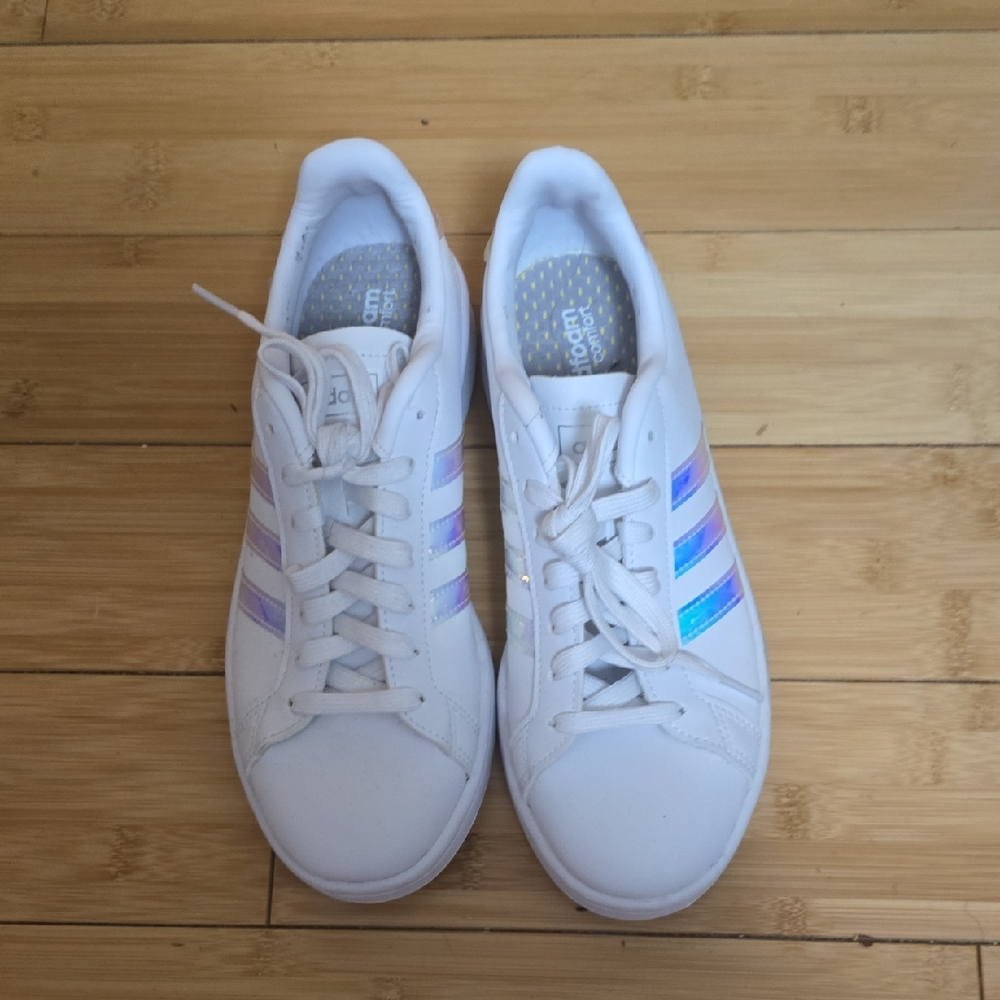 Adidas Women's White Sneakers with Iridescent Stripes